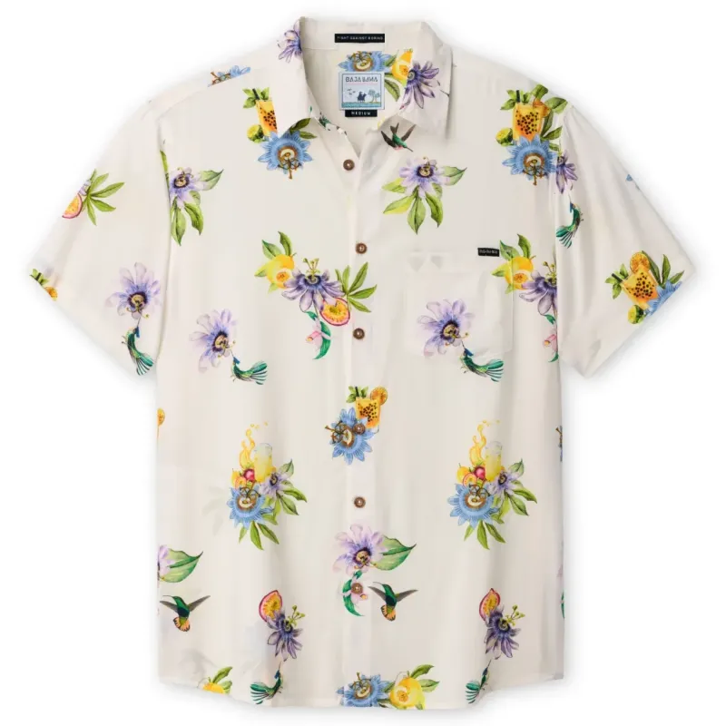 Front laydown of the Baja Llama Nighthawk Button Up Shirt in Passion Project print.