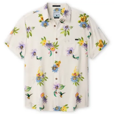 Front laydown of the Baja Llama Nighthawk Button Up Shirt in Passion Project print.