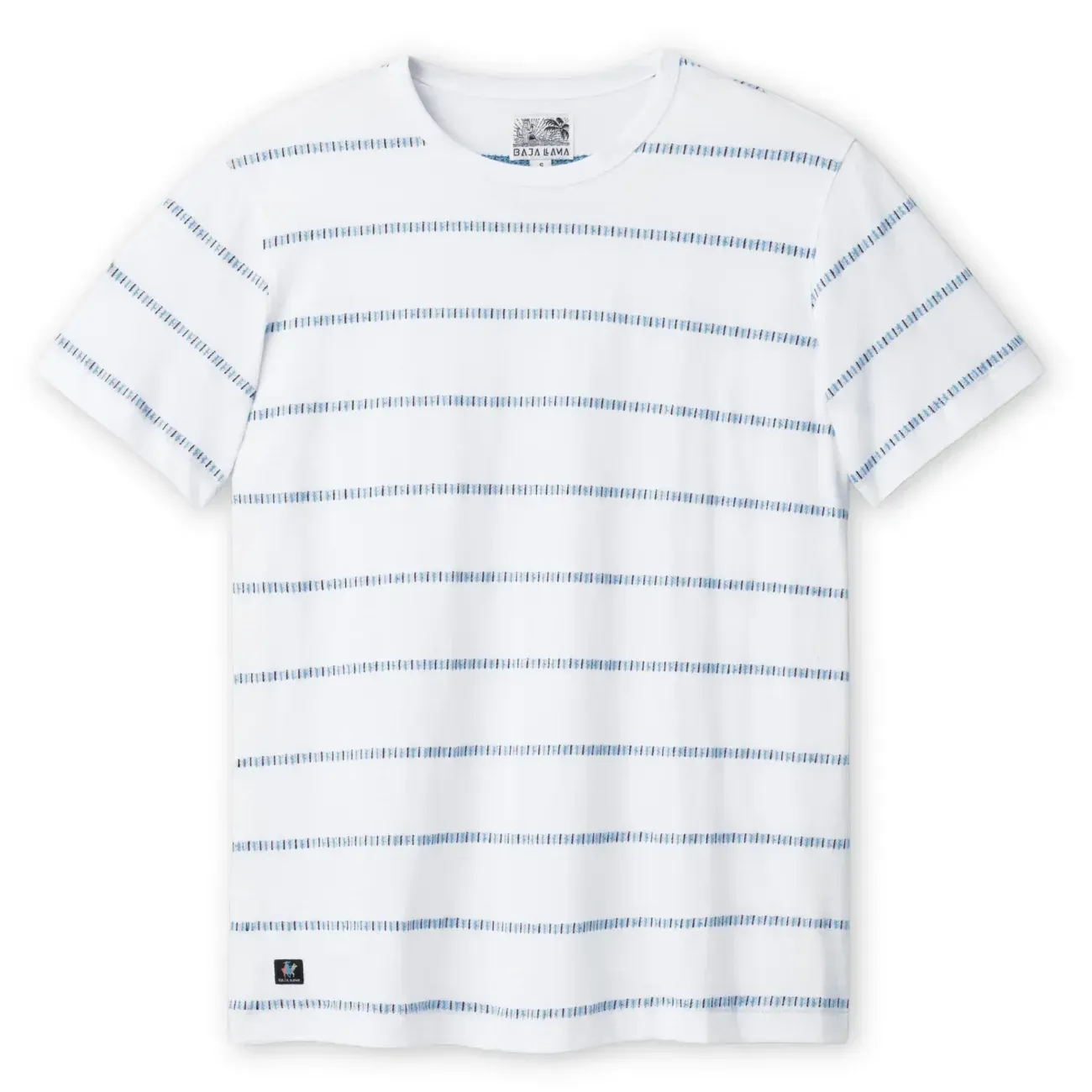 Front view of the Baja Llama Onassis Jacquard Tee in Ivory Morris Code.