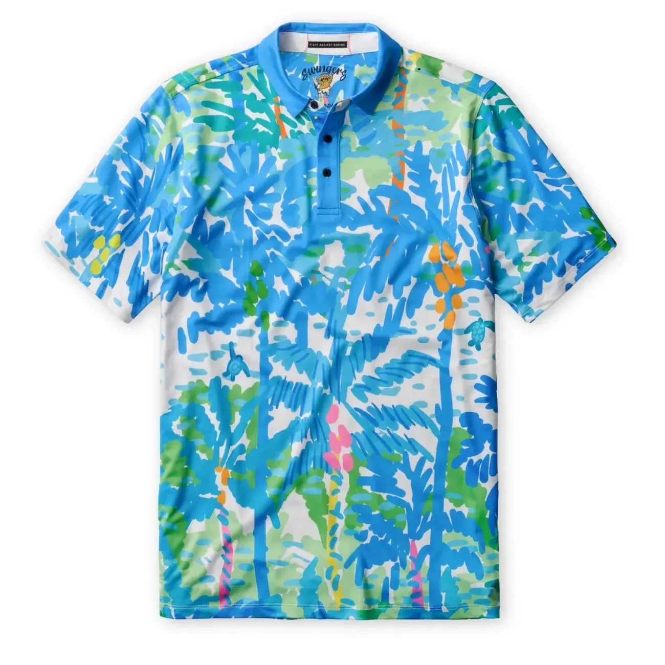 Front flat lay of the Baja Llama Swingers Performance Polo Shirt in Pastel Paradise print