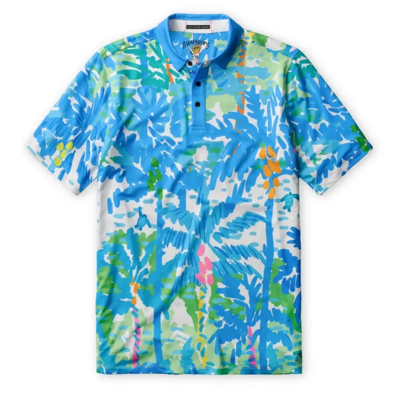Front flat lay of the Baja Llama Swingers Performance Polo Shirt in Pastel Paradise print