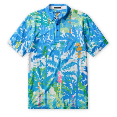 Front flat lay of the Baja Llama Swingers Performance Polo Shirt in Pastel Paradise print