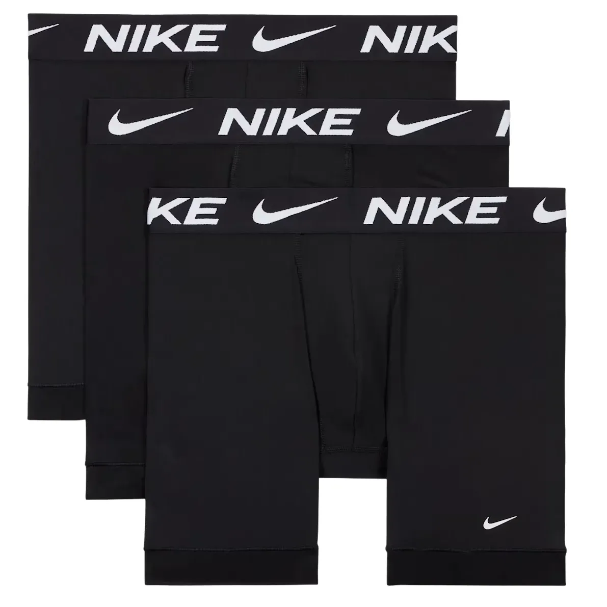 Three-pack of Nike Essential Micro Dri-FIT Boxer Briefs in Triple Black with logo waistbands.