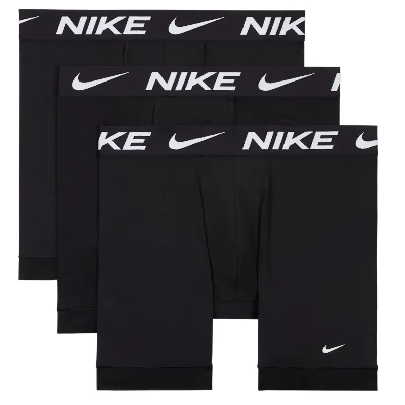 Three-pack of Nike Essential Micro Dri-FIT Boxer Briefs in Triple Black with logo waistbands.