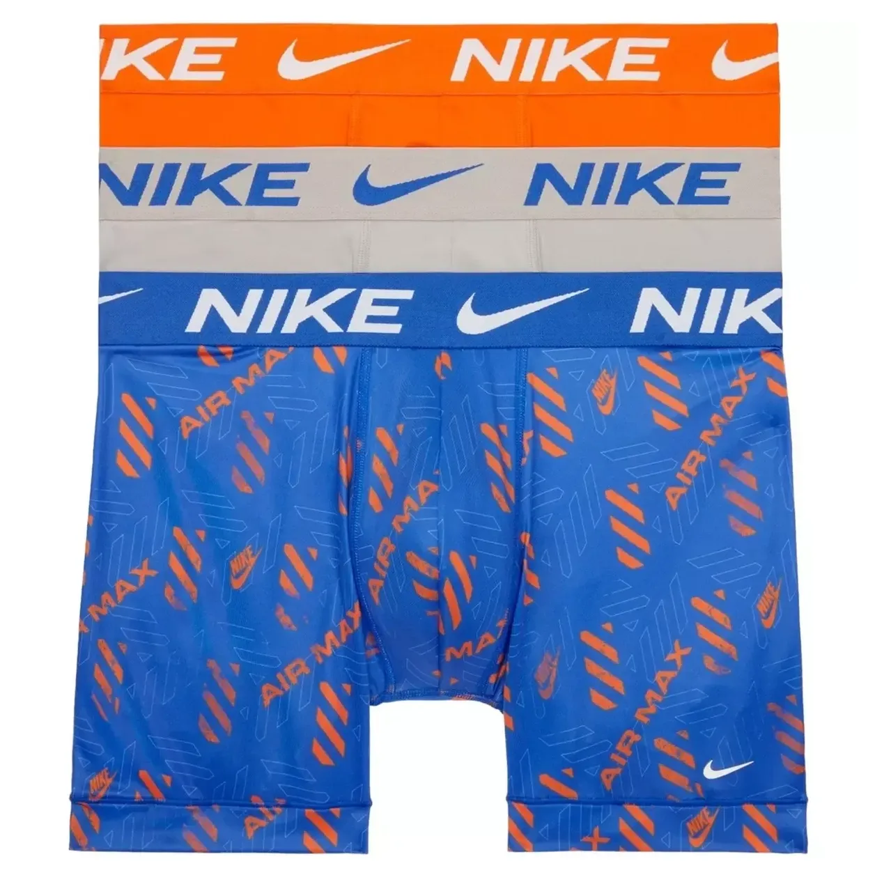 Nike Essential Micro Dri-FIT Boxer Briefs 3 Pack in blue, orange, and grey colorways.