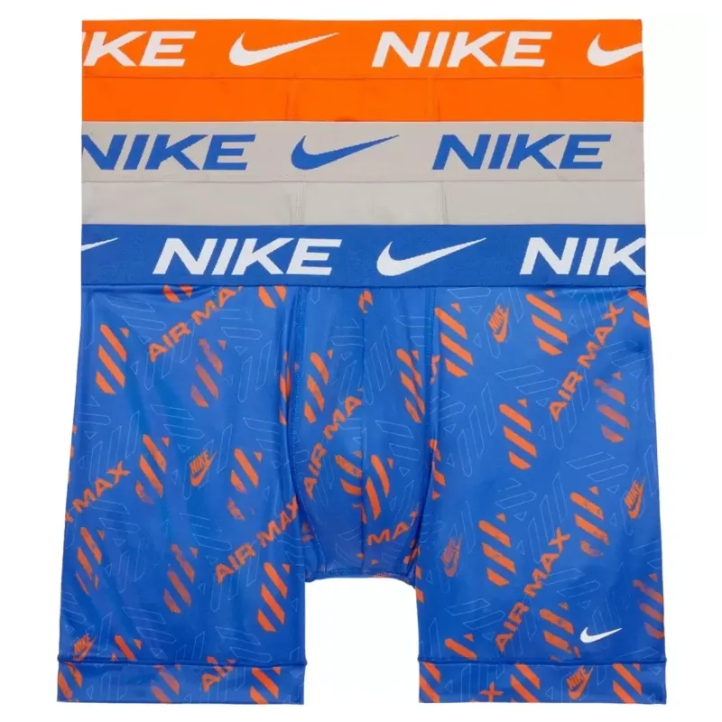 Nike Essential Micro Dri-FIT Boxer Briefs 3 Pack in blue, orange, and grey colorways.