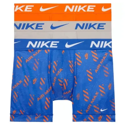 Nike Essential Micro Dri-FIT Boxer Briefs 3 Pack in blue, orange, and grey colorways.