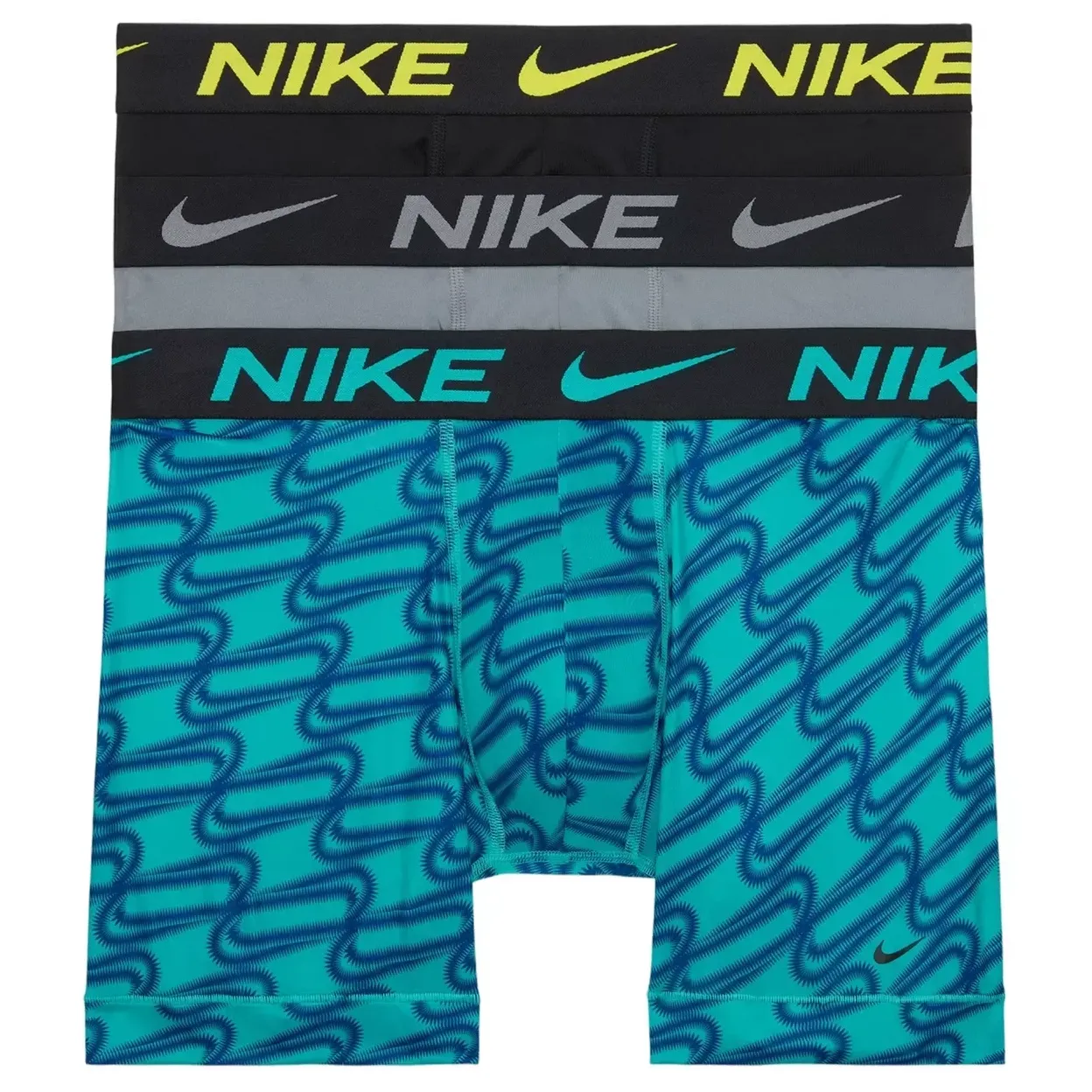 Nike Essential Micro Dri-FIT Boxer Briefs 3 Pack in grey, blue, and black colorways with graphic print detailing.