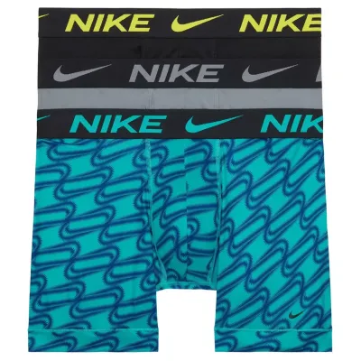 Nike Essential Micro Dri-FIT Boxer Briefs 3 Pack in grey, blue, and black colorways with graphic print detailing.