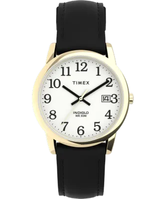 Timex Easy Reader 35MM black leather strap watch with gold-tone case and white dial front view