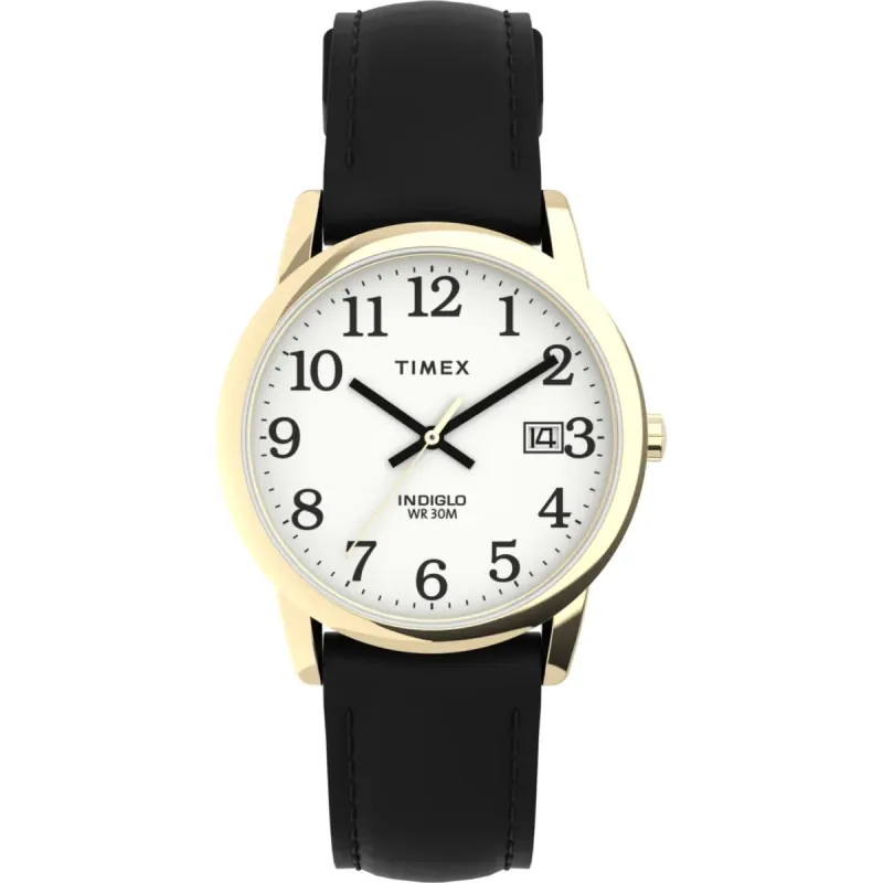 Timex Easy Reader 35MM black leather strap watch with gold-tone case and white dial front view