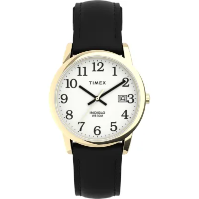Timex Easy Reader 35MM black leather strap watch with gold-tone case and white dial front view