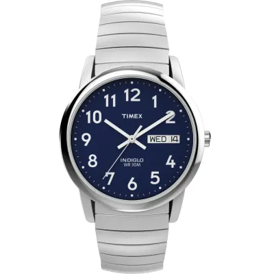 Timex Easy Reader 35MM silver-tone watch with navy dial and stainless steel expansion band front view