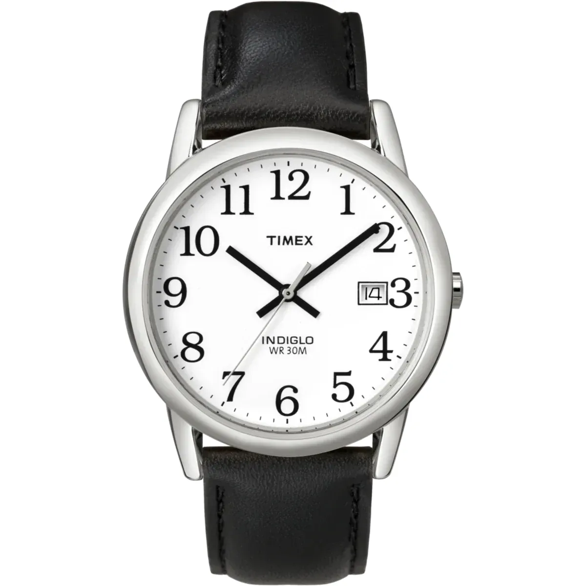 Timex Easy Reader 35MM black leather strap watch with white dial front view