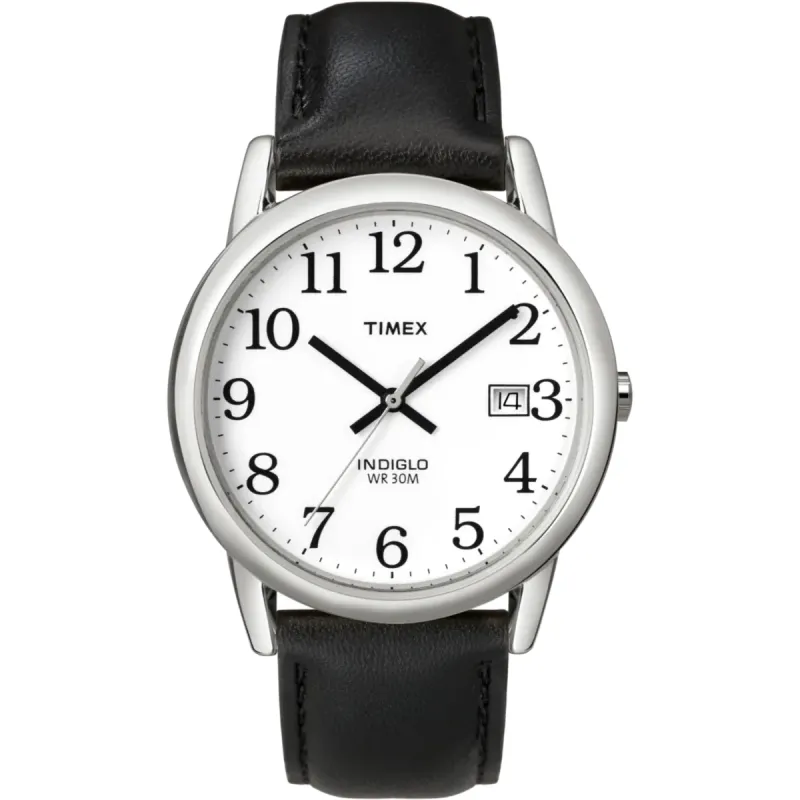 Timex Easy Reader 35MM black leather strap watch with white dial front view