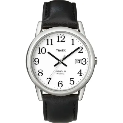 Timex Easy Reader 35MM black leather strap watch with white dial front view