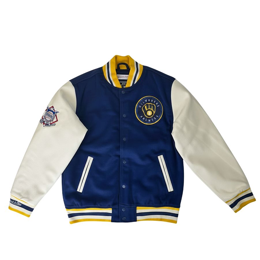 Milwaukee Brewers varsity jacket navy front view with chenille logo