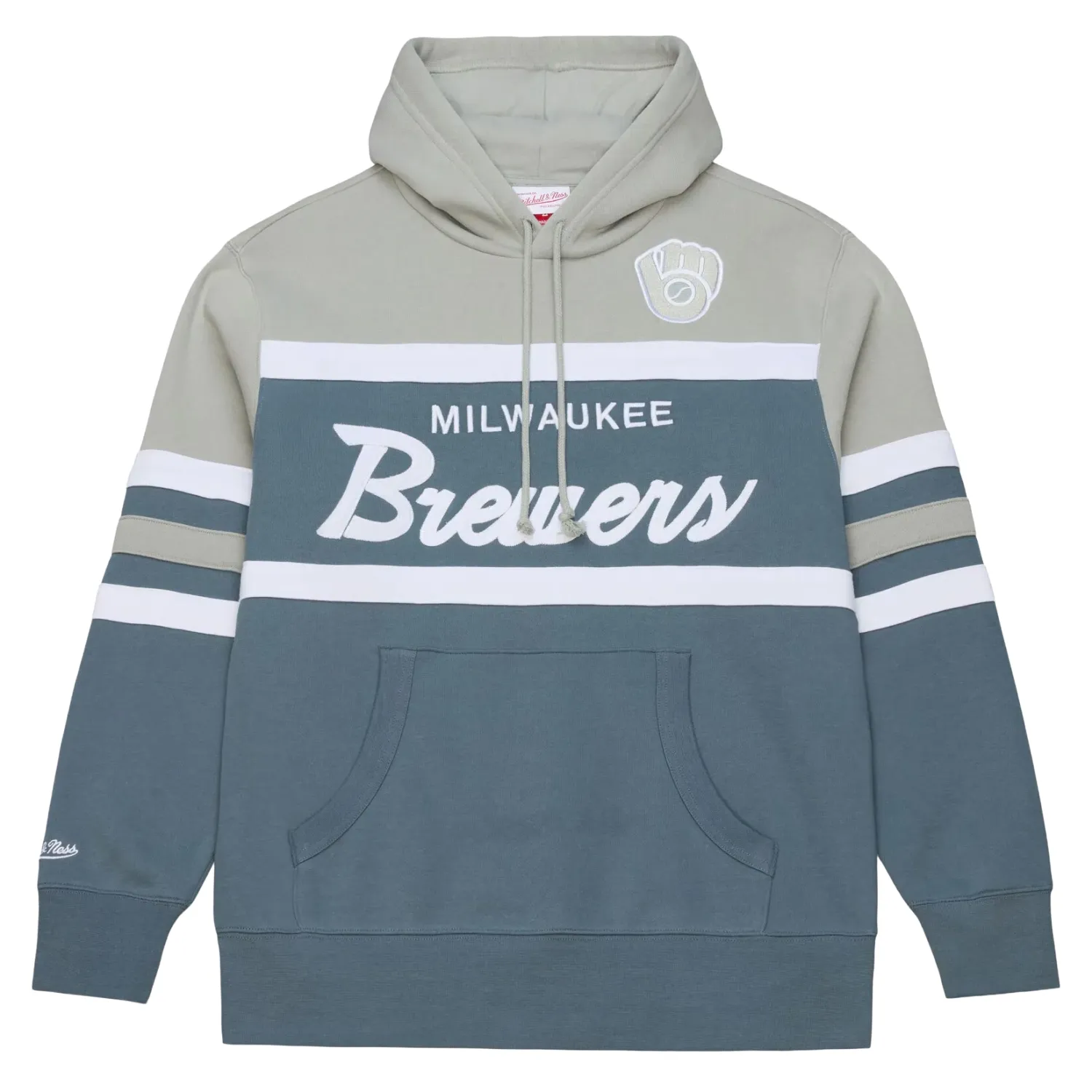Front view of grey Brewers hoodie with striped chest and script logo