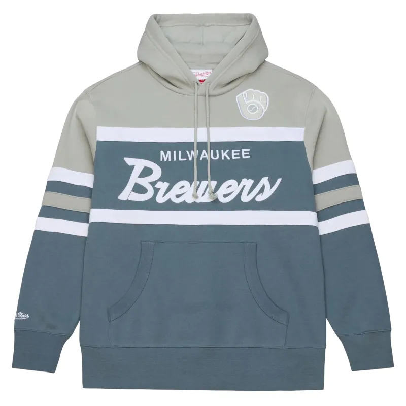 Front view of grey Brewers hoodie with striped chest and script logo