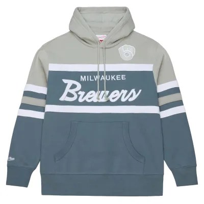 Front view of grey Brewers hoodie with striped chest and script logo