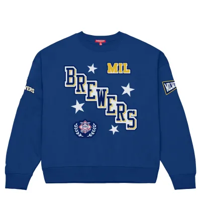 Front view of Mitchell &amp; Ness Brewers women’s navy Pep Rally crewneck with embroidered team graphics