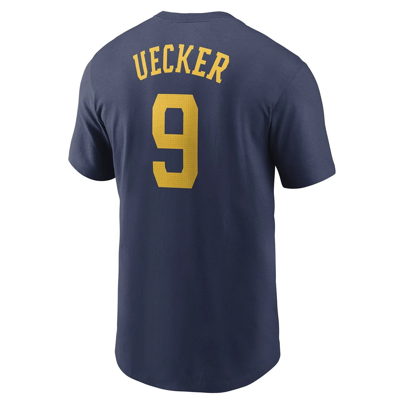 Back view showing Uecker name and number 9 in gold on navy t-shirt