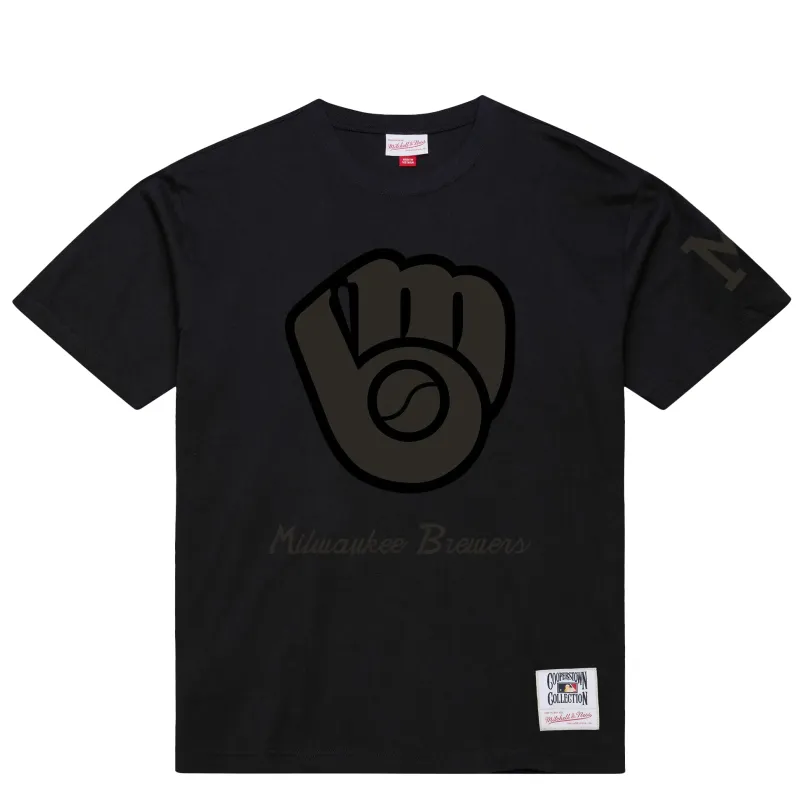 Full front view of black Brewers Phantom tee with tonal graphics