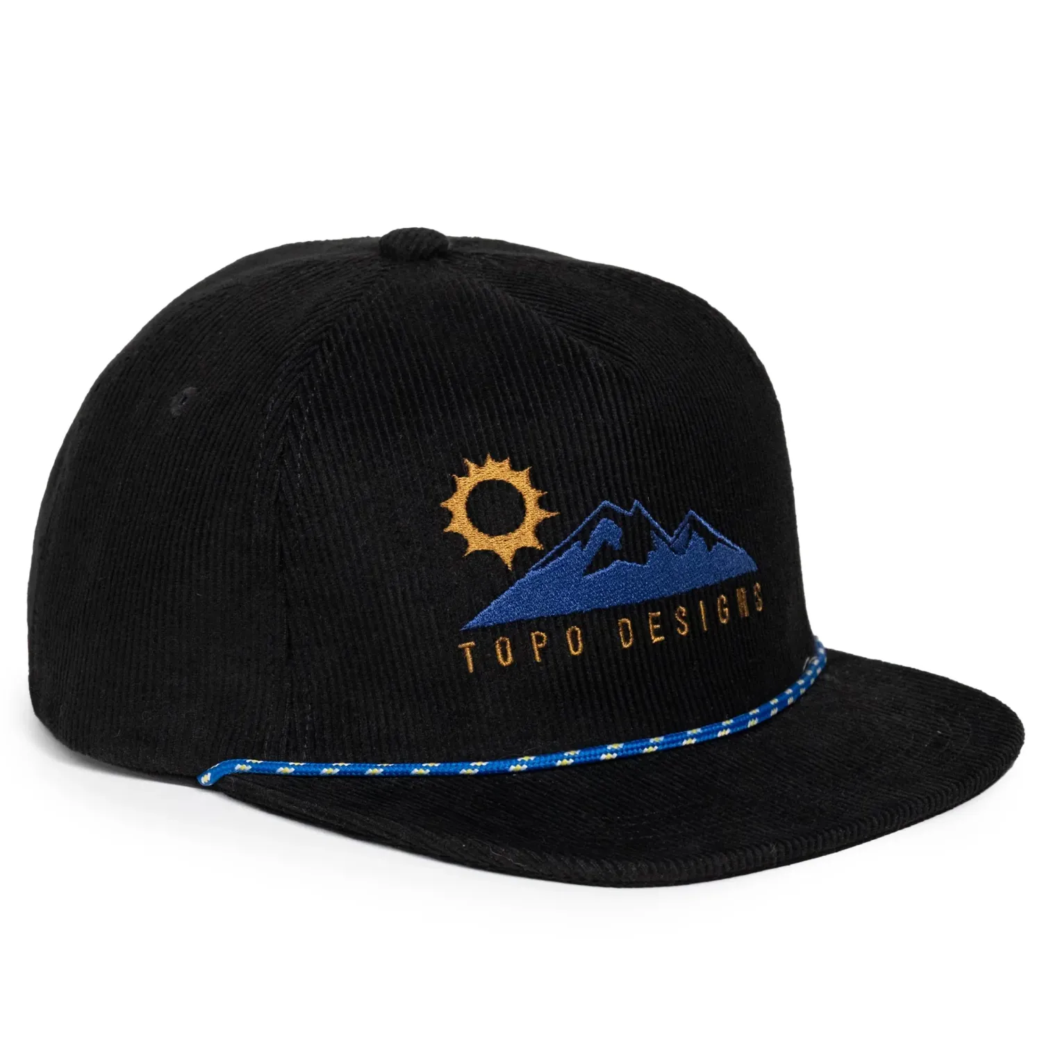 Angled front view of TOPO DESIGNS Alpine View trucker hat with paracord brim detail