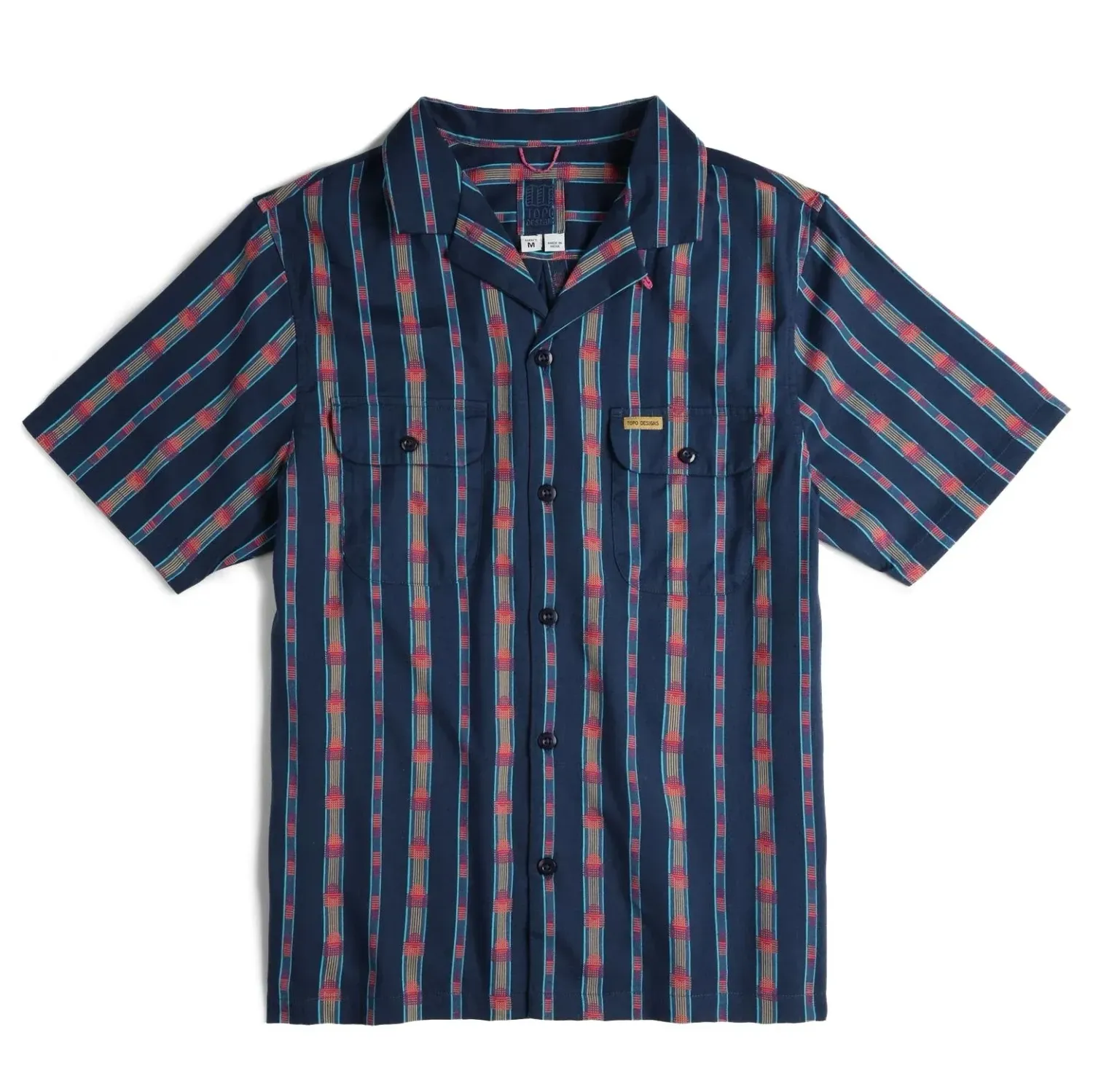 Front view of TOPO DESIGNS Daytripper Shirt in Westbound Midnight with striped pattern and camp collar