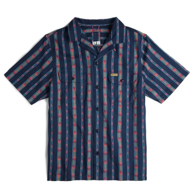 Front view of TOPO DESIGNS Daytripper Shirt in Westbound Midnight with striped pattern and camp collar