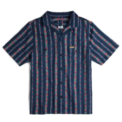 Front view of TOPO DESIGNS Daytripper Shirt in Westbound Midnight with striped pattern and camp collar
