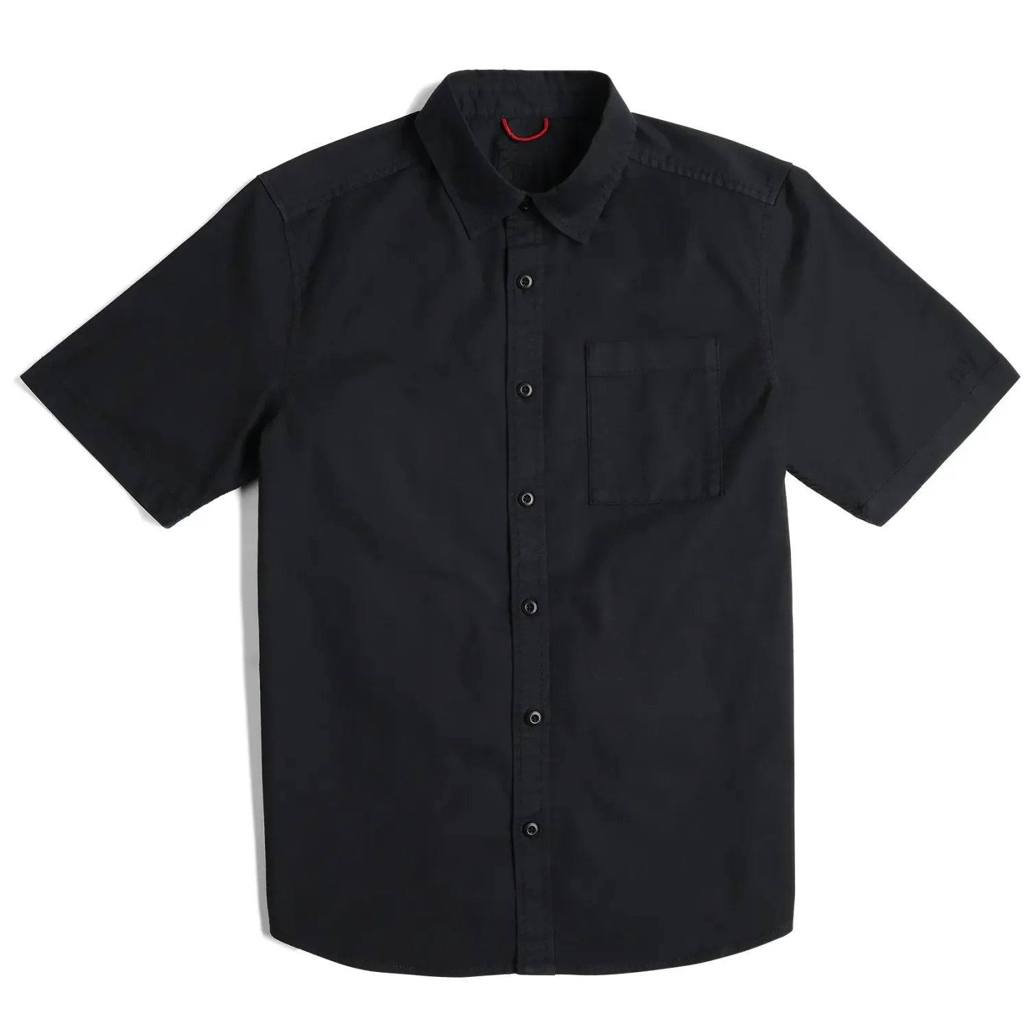 Front view of TOPO DESIGNS Desert Shirt in black with chest pocket and button front closure