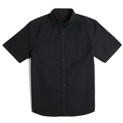 Front view of TOPO DESIGNS Desert Shirt in black with chest pocket and button front closure