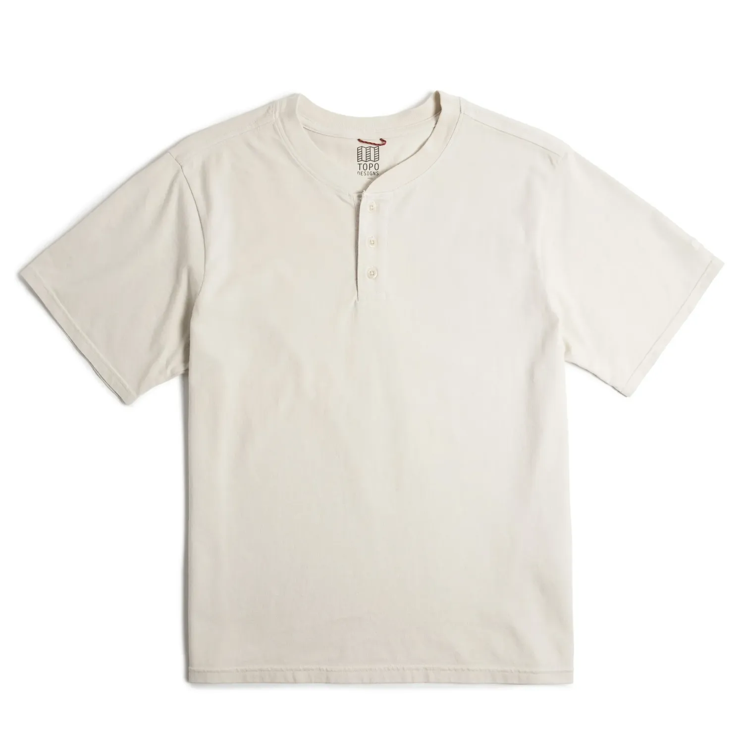 Front view of TOPO DESIGNS Dirt Henley in Bone White with short sleeves and 3-button placket