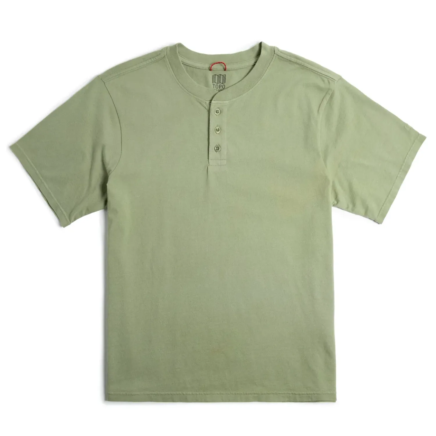 Front view of TOPO DESIGNS Dirt Henley in Oil Green with short sleeves and 3-button placket