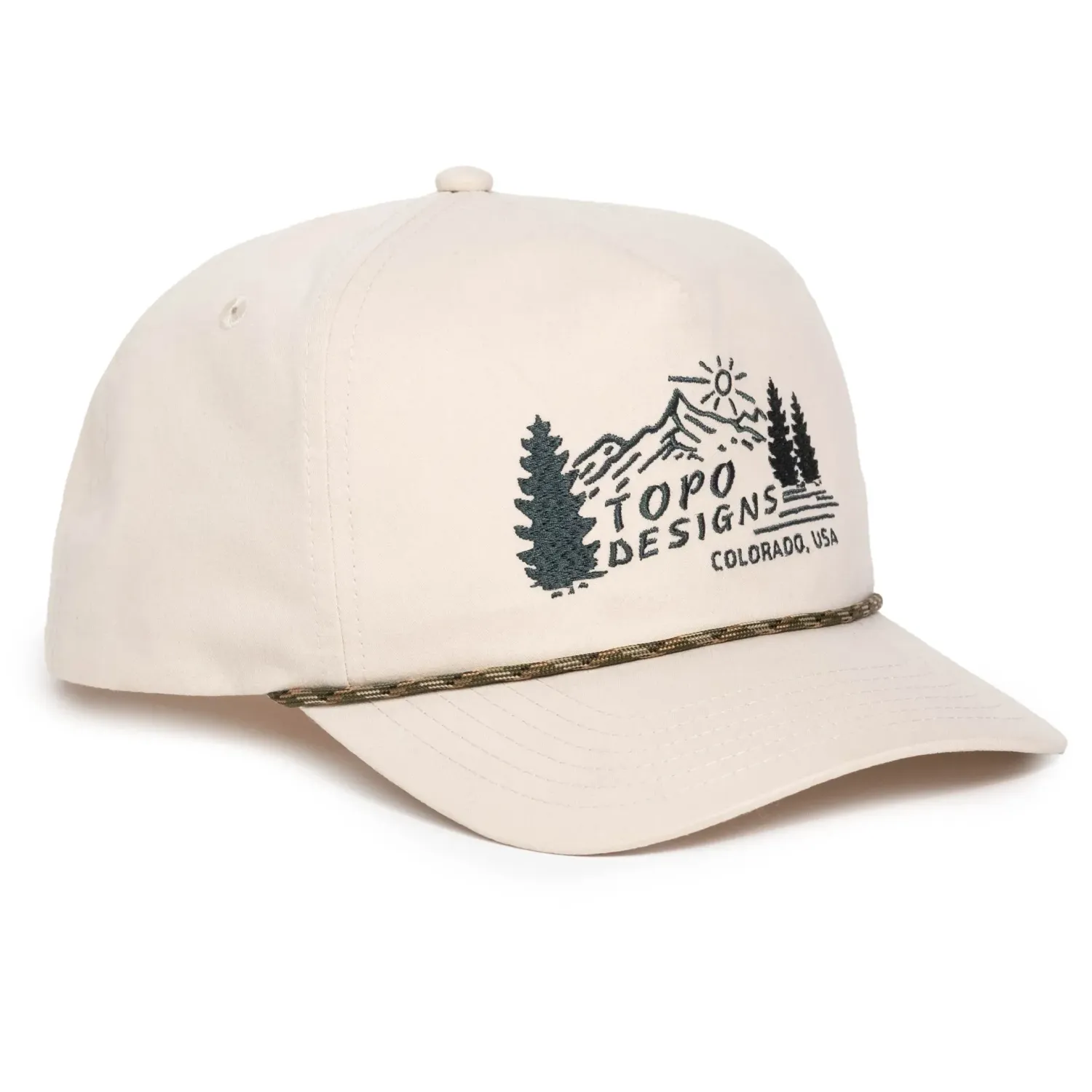 Angled front view of TOPO DESIGNS Mountain Scene hat with rope brim detail