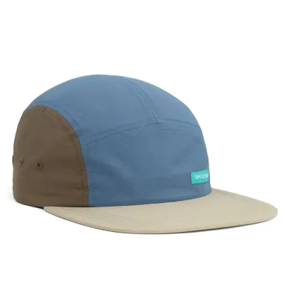 Angled side view of TOPO DESIGNS nylon camp hat with flat brim and color-block design