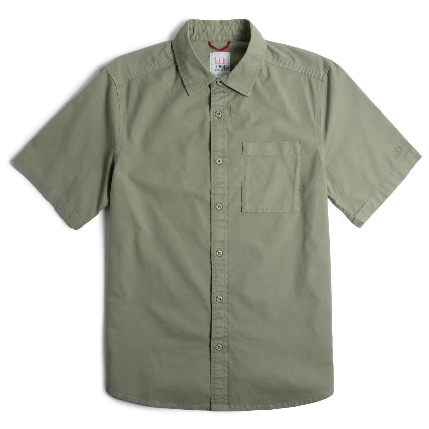 Front view of TOPO DESIGNS Desert Shirt in Beetle with chest pocket and button front closure
