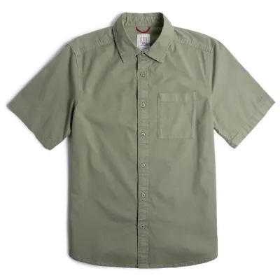 Front view of TOPO DESIGNS Desert Shirt in Beetle with chest pocket and button front closure