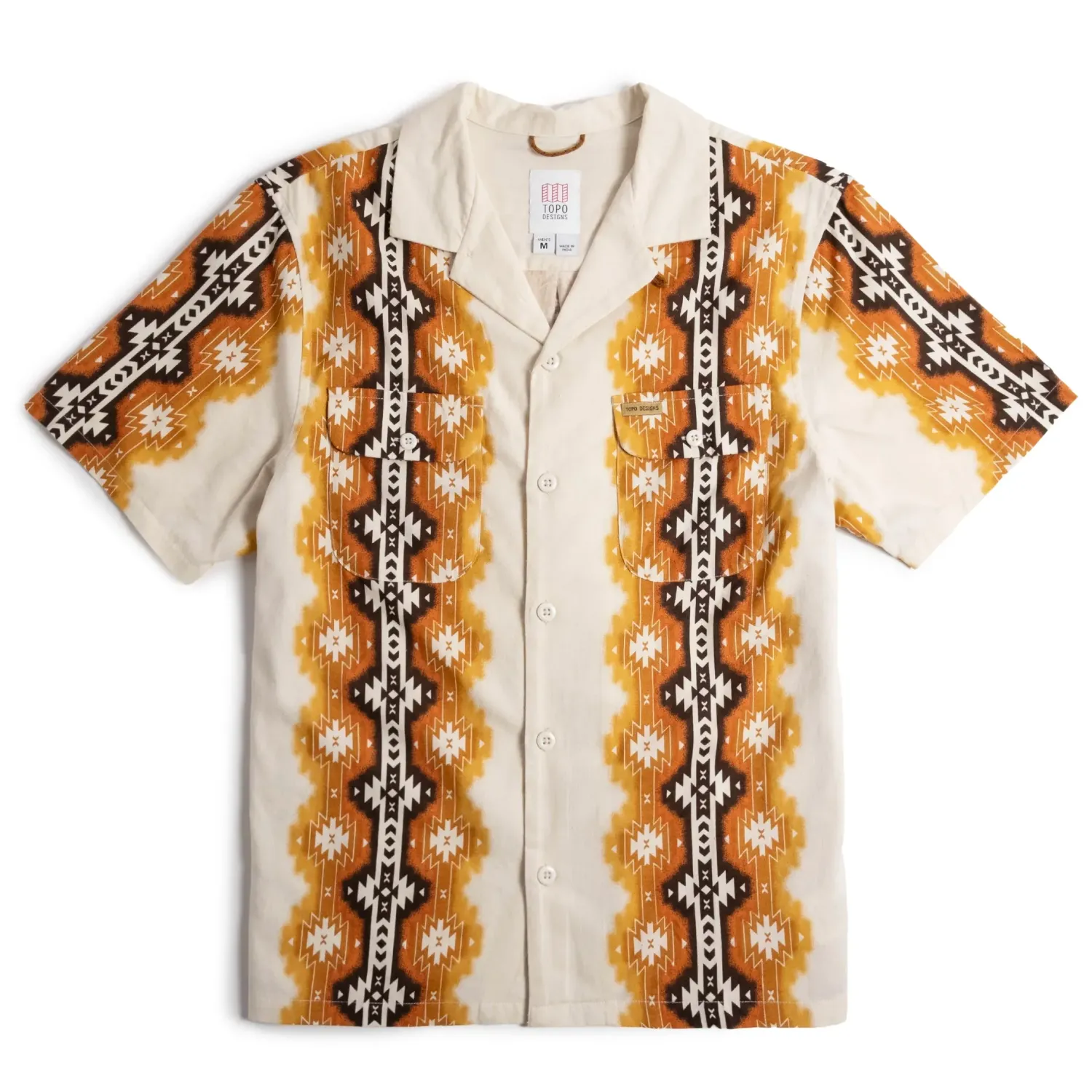 Front view of TOPO DESIGNS Daytripper Shirt in Western Stripe with camp collar and chest flap pockets