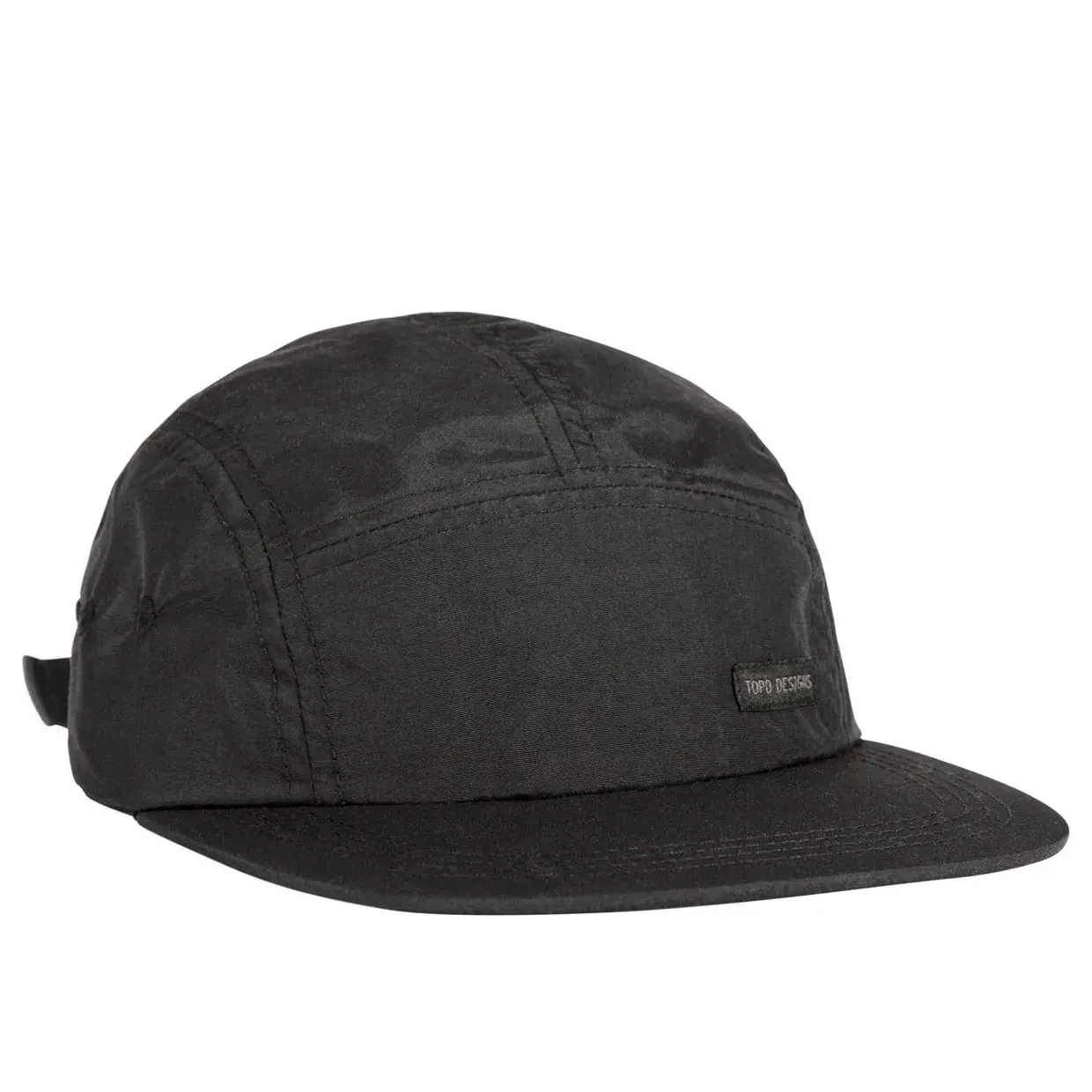 TOPO DESIGNS Nylon Camp Hat in black with flat brim and 5-panel construction angled front view
