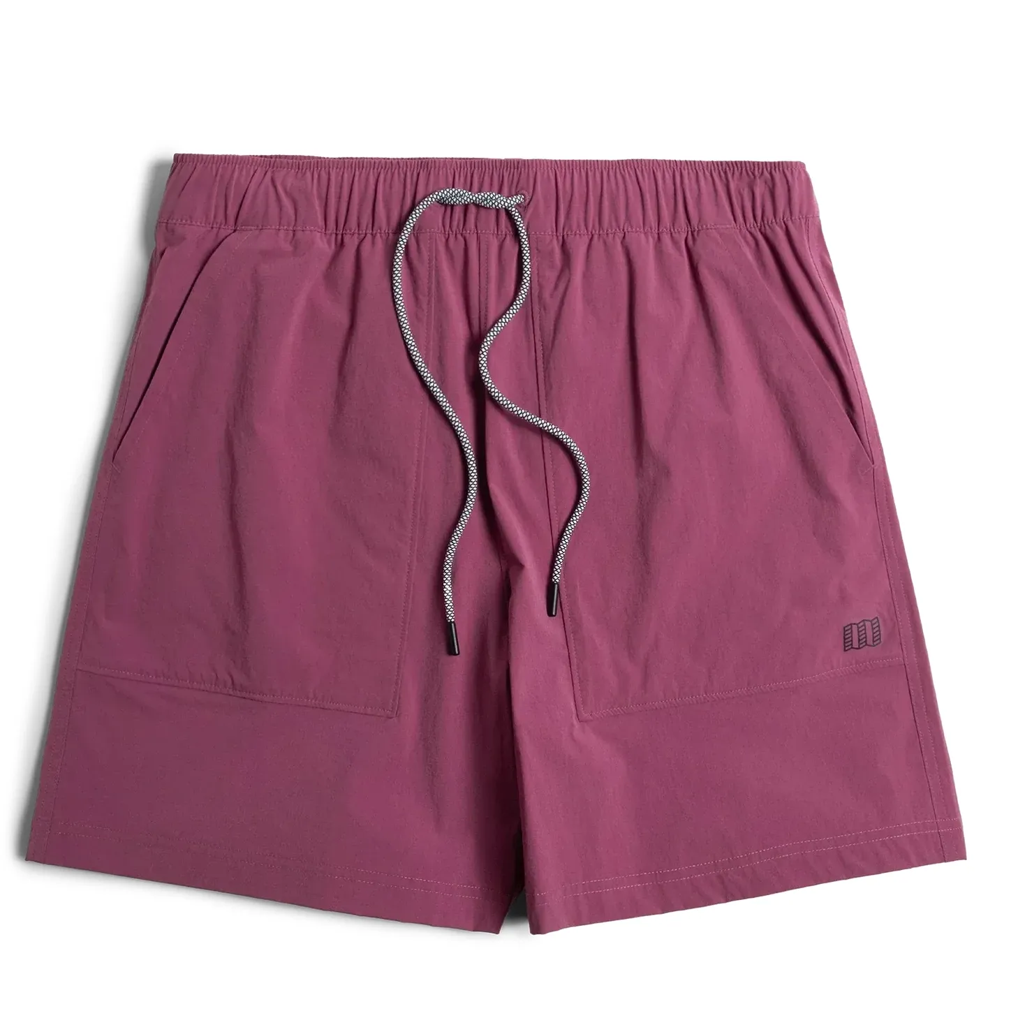 Front view of TOPO DESIGNS Mesa Shorts in damson purple with elastic drawcord waist