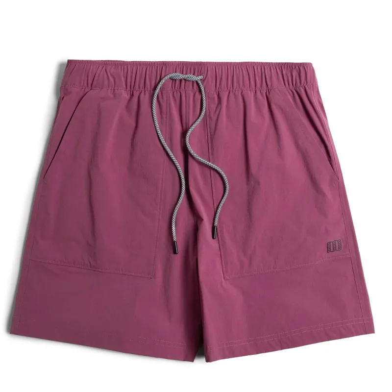 Front view of TOPO DESIGNS Mesa Shorts in damson purple with elastic drawcord waist
