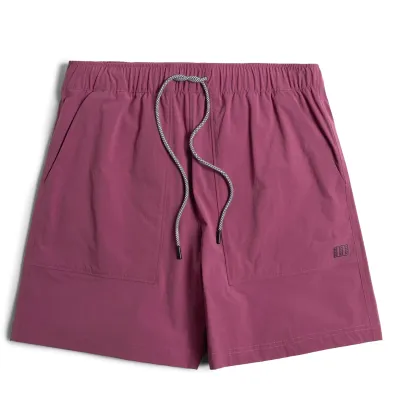 Front view of TOPO DESIGNS Mesa Shorts in damson purple with elastic drawcord waist