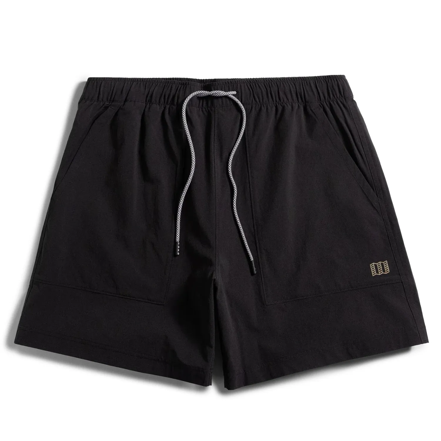 Front view of TOPO DESIGNS Mesa Shorts in black with elastic drawcord waistband