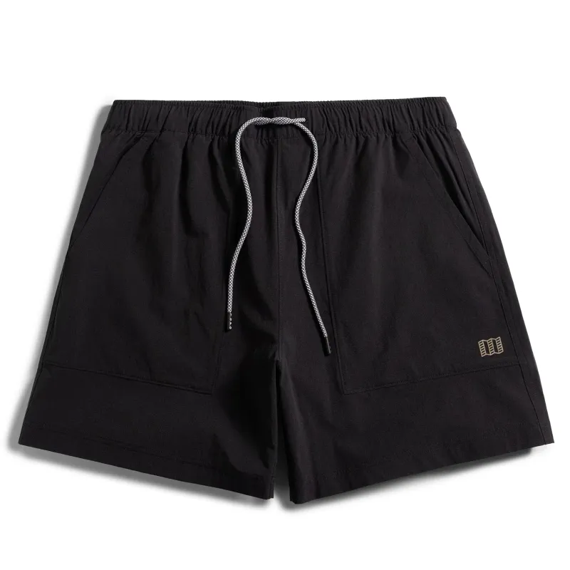 Front view of TOPO DESIGNS Mesa Shorts in black with elastic drawcord waistband
