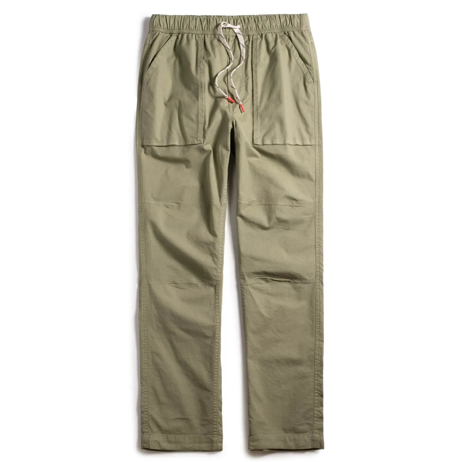Front view of TOPO DESIGNS Desert Pants in oil green with drawcord waist and articulated knees