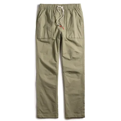 Front view of TOPO DESIGNS Desert Pants in oil green with drawcord waist and articulated knees