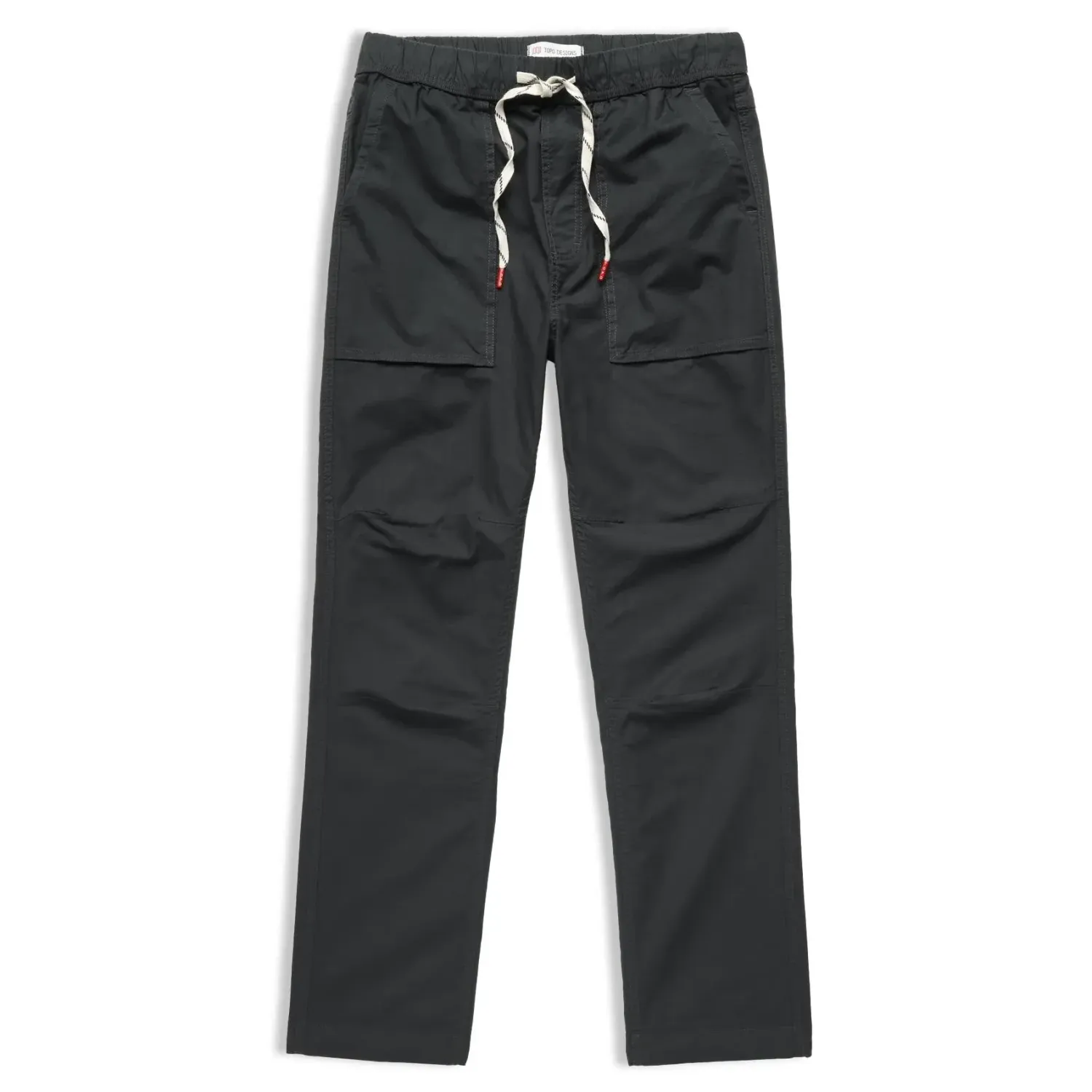 Front view of TOPO DESIGNS Desert Pants in asphalt with drawcord waist and articulated knees