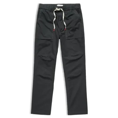 Front view of TOPO DESIGNS Desert Pants in asphalt with drawcord waist and articulated knees
